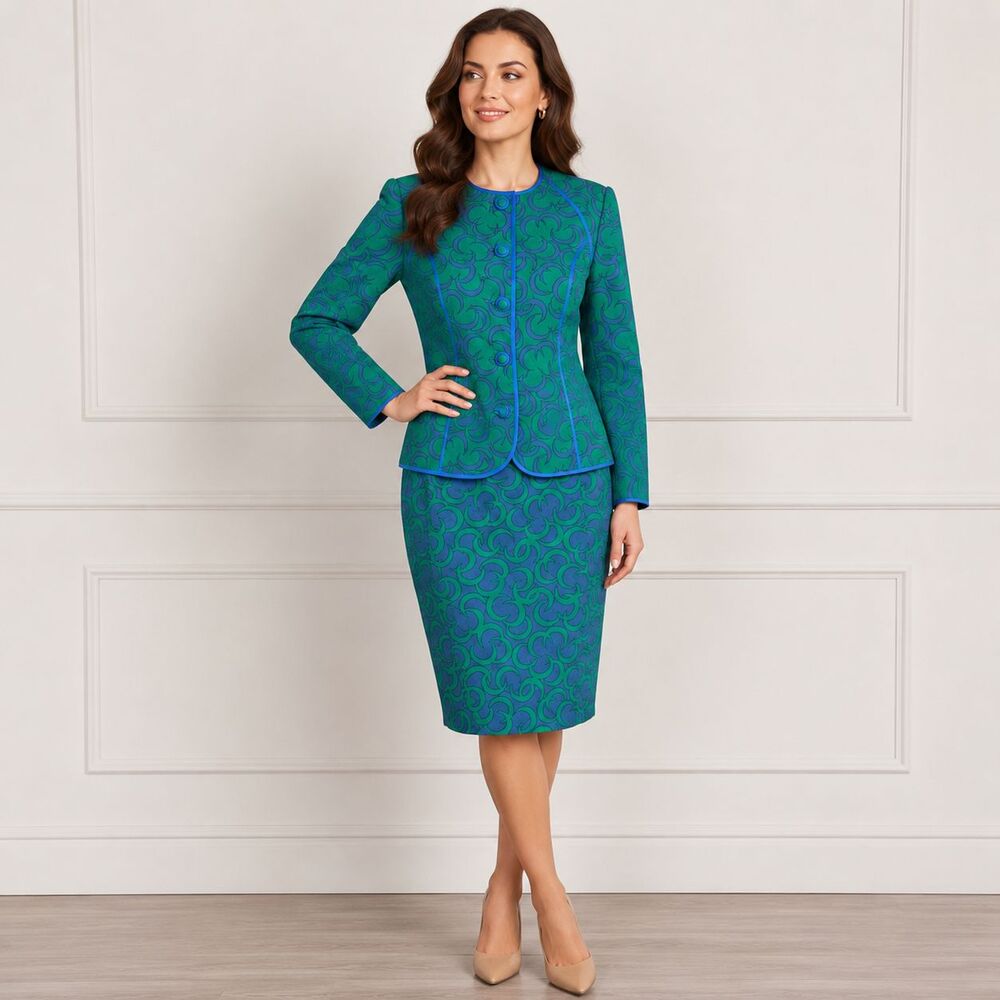 Anne Crimmins UMI Vintage 80s Skirt Suit Size 6 Blue Green Floral Cotton